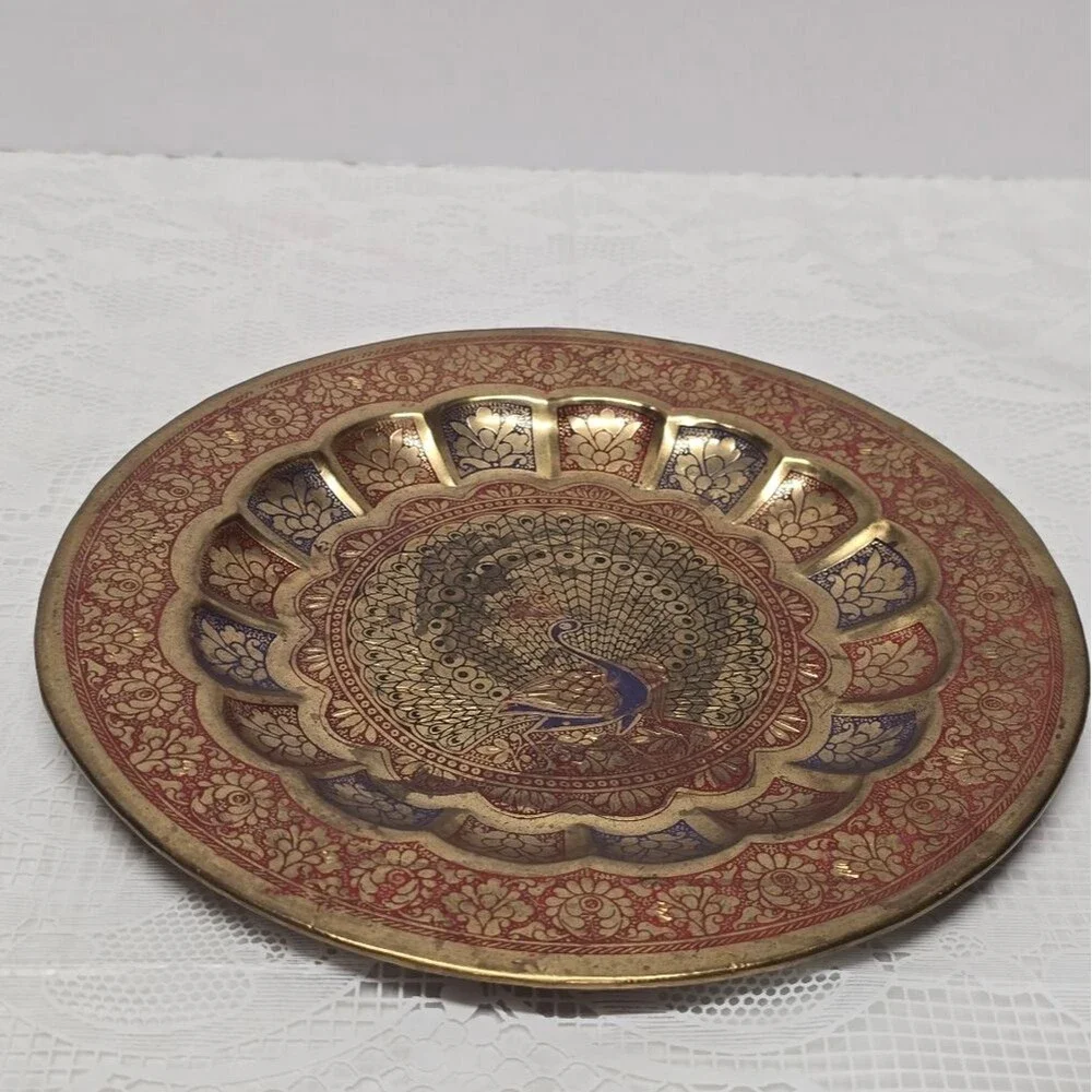 Vintage Engraved Peacock Brass Red Blue Enamel Wall Hanging Traditional Plate